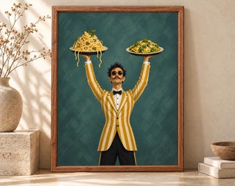 Italian Waiter Pasta Print, Spaghetti Ravioli Poster, Kitchen Decor (Digital Download)