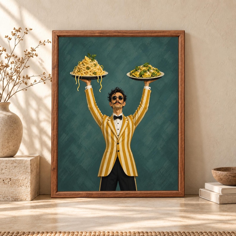 Framed Italian pasta wall art showing a stylish mustached waiter in a yellow striped jacket raising plates of spaghetti and ravioli against a deep teal background.