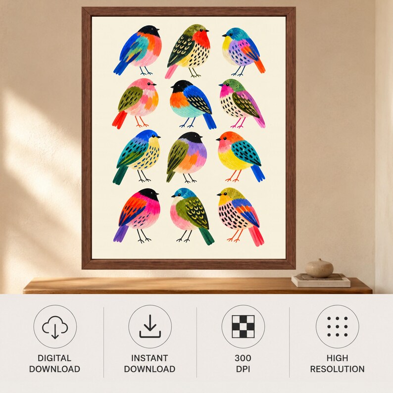 Colorful Folk Art Bird Print, Whimsical Nature Decor (Digital Download) image 11