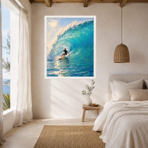 May include: A framed wall art print featuring an oil painting of a surfer riding a large, curling ocean wave. The scene captures the vibrant turquoise and deep blue water with white sea foam spray, illuminated by bright sunlight from above.