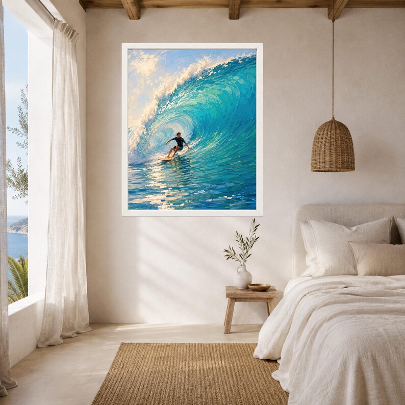 May include: A framed wall art print featuring an oil painting of a surfer riding a large, curling ocean wave. The scene captures the vibrant turquoise and deep blue water with white sea foam spray, illuminated by bright sunlight from above.