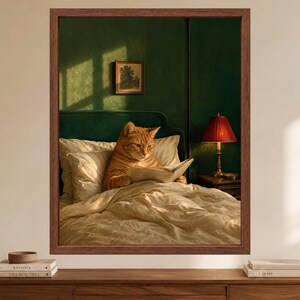 Cat Reading Wall Art, Orange Tabby in Bed, Whimsical Book Lover Print, Digital Download image 2