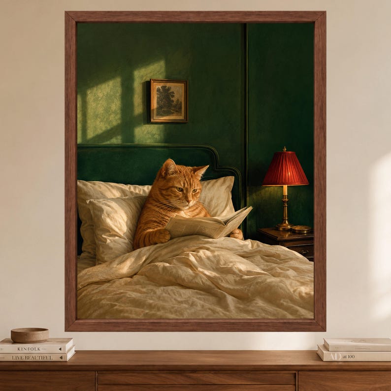 Cat Reading Wall Art, Orange Tabby in Bed, Whimsical Book Lover Print, Digital Download image 2
