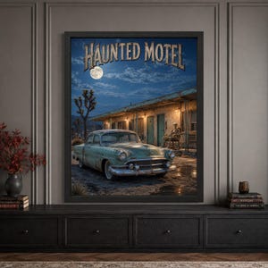 Framed haunted motel Halloween wall art featuring a skeleton in a rocking chair outside a weathered desert motel, with a turquoise vintage car, full moon and distressed “Haunted Motel” typography in a retro roadside horror scene.