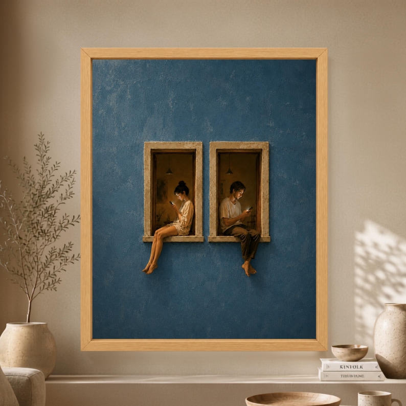 Framed minimalist blue wall art showing a woman and man sitting in two neighboring stone-framed windows, each looking at a phone beneath warm interior light.