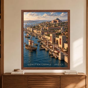 Framed Constantinople 550 CE wall art showing a reconstructed Byzantine capital with Hagia Sophia above stone harbor walls, crowded waterfront markets, merchant ships and blue water under warm evening light.