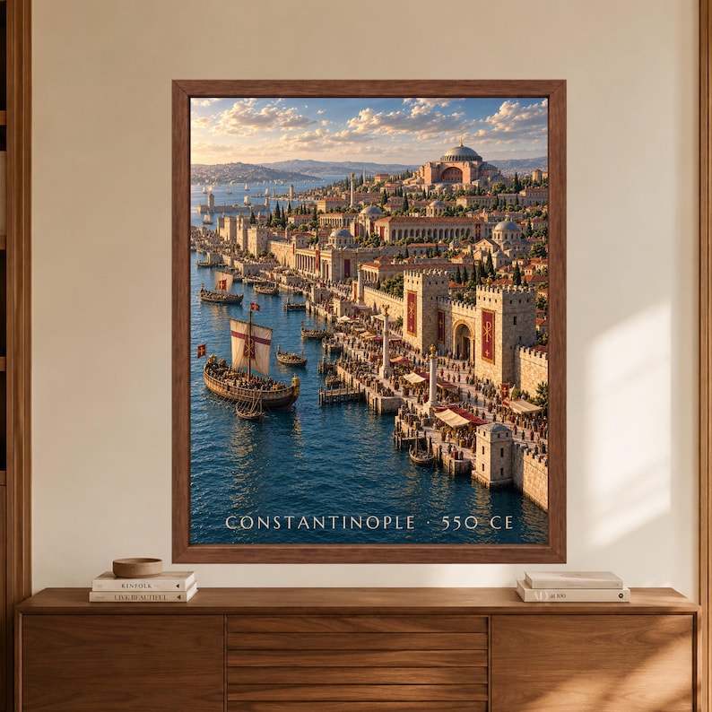 Framed Constantinople 550 CE wall art showing a reconstructed Byzantine capital with Hagia Sophia above stone harbor walls, crowded waterfront markets, merchant ships and blue water under warm evening light.