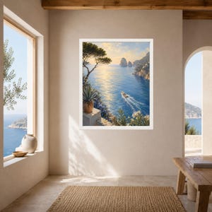 May include: A framed wall art print depicting a coastal Mediterranean scene with a small boat traveling across deep blue water toward distant rocky cliffs under a golden sunset sky, featuring a foreground with a potted agave and pine tree.