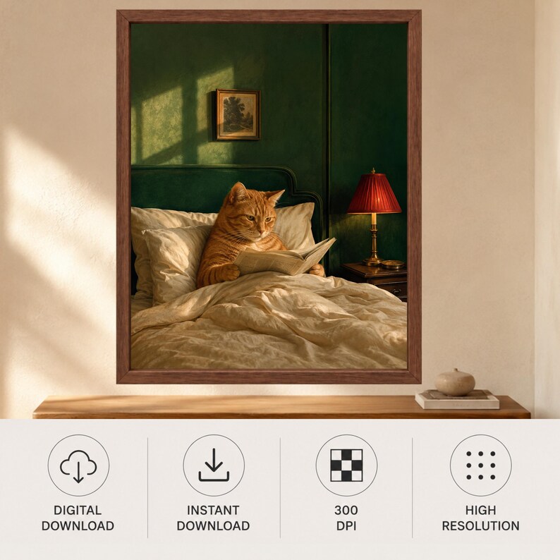Cat Reading Wall Art, Orange Tabby in Bed, Whimsical Book Lover Print, Digital Download image 10