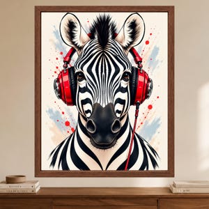 Zebra Headphones Wall Art, Funky Animal Music Print (Digital Download) image 2