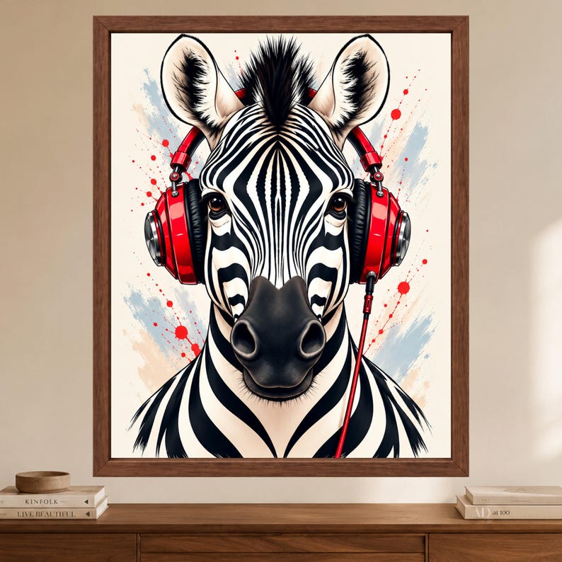 Zebra Headphones Wall Art, Funky Animal Music Print (Digital Download) image 2