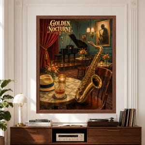 Framed Golden Nocturne jazz wall art featuring a golden saxophone beside a candlelit table in an elegant vintage jazz club with grand piano, classic microphone, red curtains, flowers and teal paneled walls.