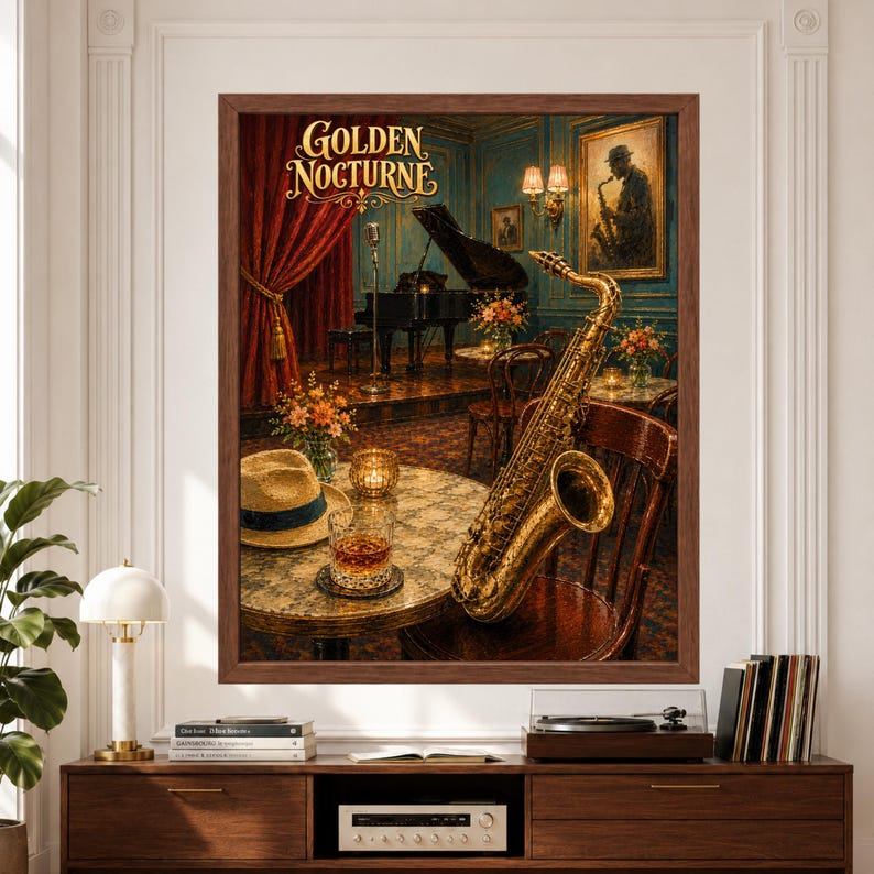 Framed Golden Nocturne jazz wall art featuring a golden saxophone beside a candlelit table in an elegant vintage jazz club with grand piano, classic microphone, red curtains, flowers and teal paneled walls.