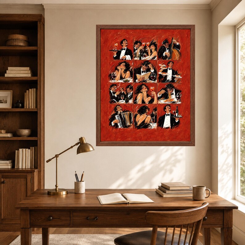 Italian Dining Scene Print, Red Restaurant Art, Wine Pasta Poster (Digital Download) image 6