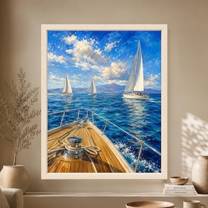 Framed sailboat regatta wall art viewed from the polished wooden bow of a yacht, with three white sailing boats crossing a vivid deep blue sea beneath a bright sky and distant mountains.