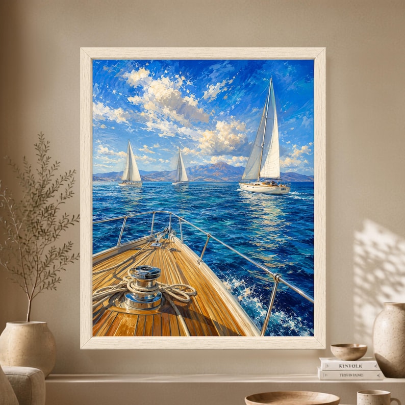 Framed sailboat regatta wall art viewed from the polished wooden bow of a yacht, with three white sailing boats crossing a vivid deep blue sea beneath a bright sky and distant mountains.