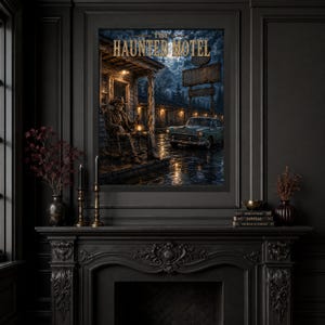 May include: A framed wall art print titled THE HAUNTED MOTEL featuring a skeleton in a cowboy hat sitting on a porch rocking chair holding a lantern. A vintage car is parked on a wet driveway in front of a dark motel building under a full moon.