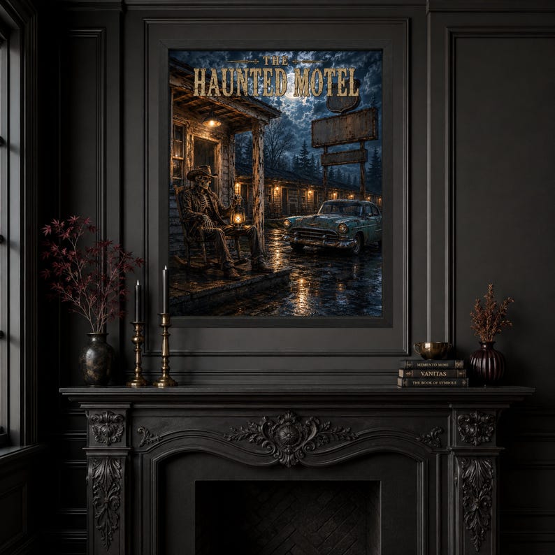 May include: A framed wall art print titled THE HAUNTED MOTEL featuring a skeleton in a cowboy hat sitting on a porch rocking chair holding a lantern. A vintage car is parked on a wet driveway in front of a dark motel building under a full moon.