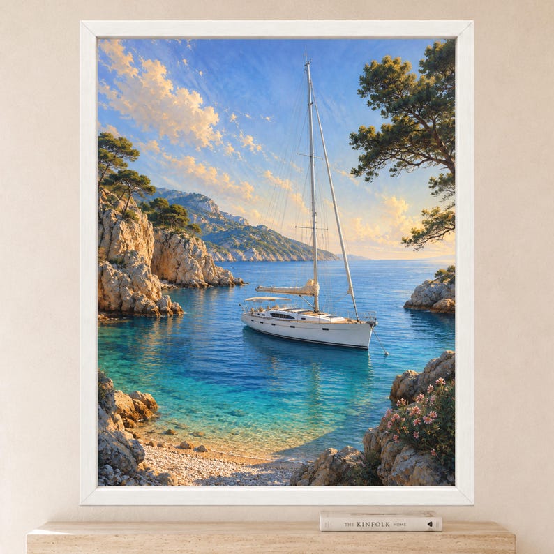 May include: A framed wall art print depicting a white sailboat anchored in a turquoise cove surrounded by rocky cliffs and pine trees under a bright blue sky with soft clouds. The scene captures a calm coastal landscape with clear water.