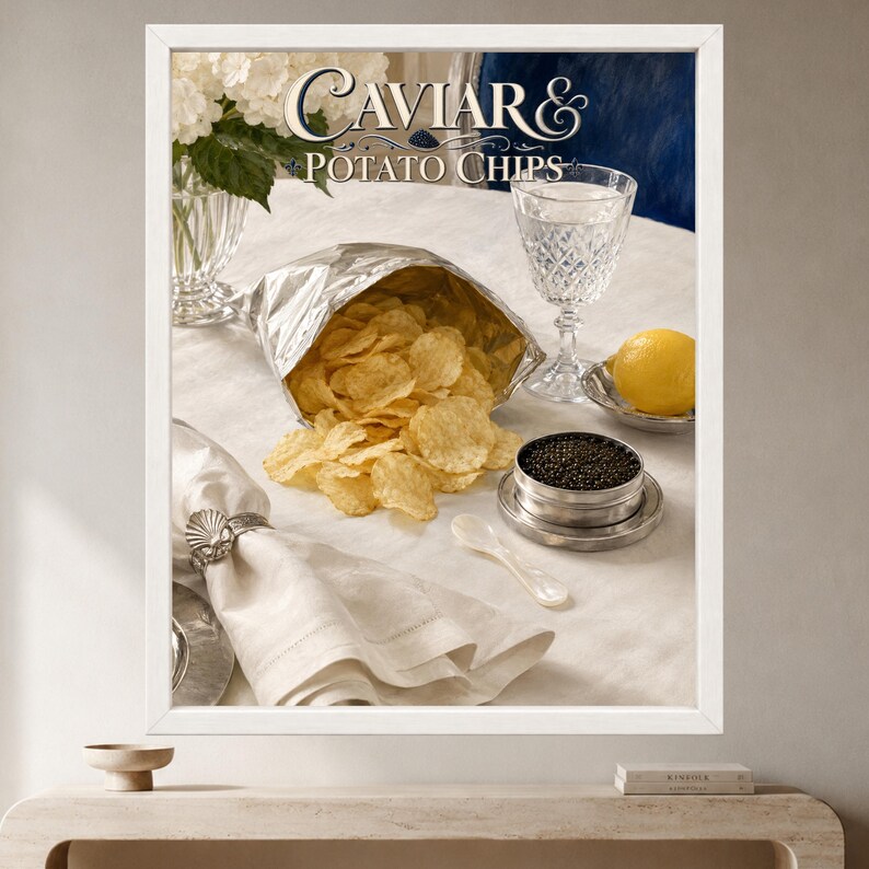 May include: A framed wall art print titled Caviar & Potato Chips featuring a silver foil bag of golden potato chips, a small silver tin of black caviar, a crystal glass of water, a lemon, a white napkin with a shell ring, and white flowers.