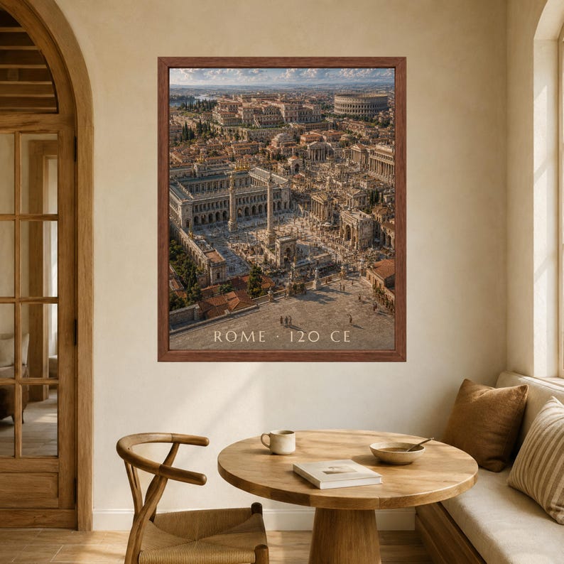May include: A framed wall art print depicting an aerial view of ancient Rome with stone buildings, columns, and the Colosseum in the distance. The text ROME 120 CE is printed in white at the bottom center of the image within a brown wooden frame.