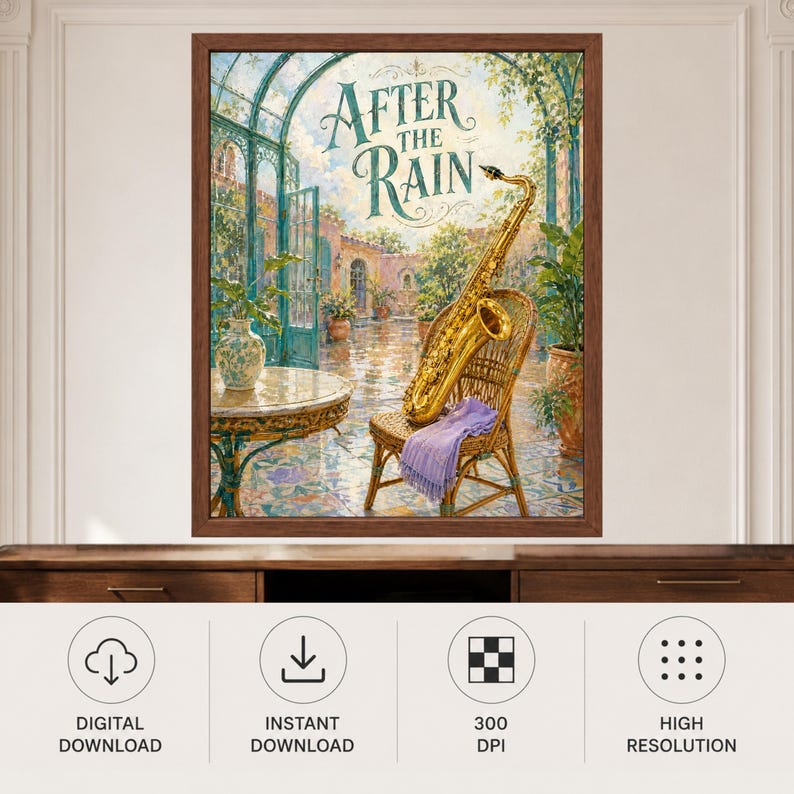 May include: A framed wall art print titled After The Rain, featuring a golden saxophone resting on a wicker chair with a purple cloth. The scene depicts a sunlit patio with a round table, potted plants, and an arched glass doorway.