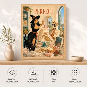 May include: A framed art print featuring the word PERFECT at the top. The illustration depicts a witch in a black dress and hat decorating a multi-tiered cake, a skeleton in a suit, and a black cat in a kitchen setting with various bowls.