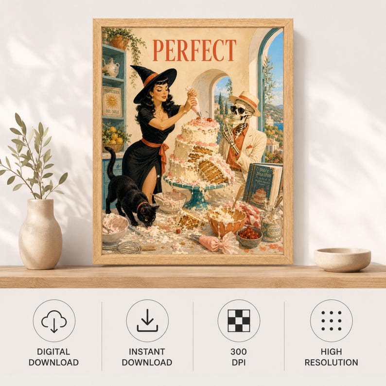 May include: A framed art print featuring the word PERFECT at the top. The illustration depicts a witch in a black dress and hat decorating a multi-tiered cake, a skeleton in a suit, and a black cat in a kitchen setting with various bowls.