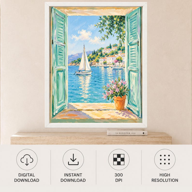 May include: A framed wall art print depicting an open window with teal shutters looking out onto a coastal scene. A white sailboat floats on blue water near a hillside town with white buildings. A terracotta pot with pink flowers sits on the sill.