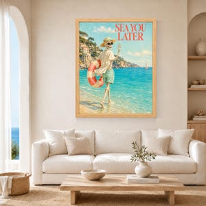 May include: A framed wall art print featuring a skeleton wearing a straw hat, sunglasses, and green shorts, holding a red and white striped life preserver while walking into the ocean. The text SEA YOU LATER is printed in red at the top of the image.