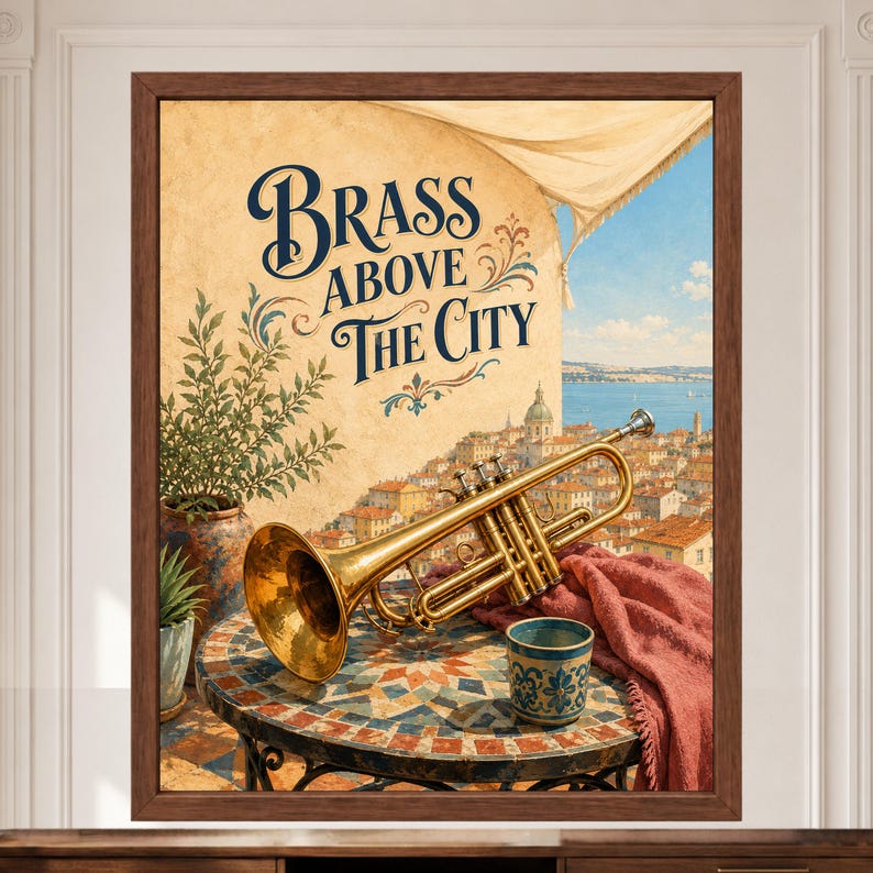 Puede incluir: Una l&aacute;mina de arte enmarcada con una trompeta dorada sobre una mesa de mosaico junto a una taza con motivos azules y blancos y un pa&ntilde;o rojo. El fondo muestra una vista de la ciudad junto al agua con el texto Brass Above The City en azul.