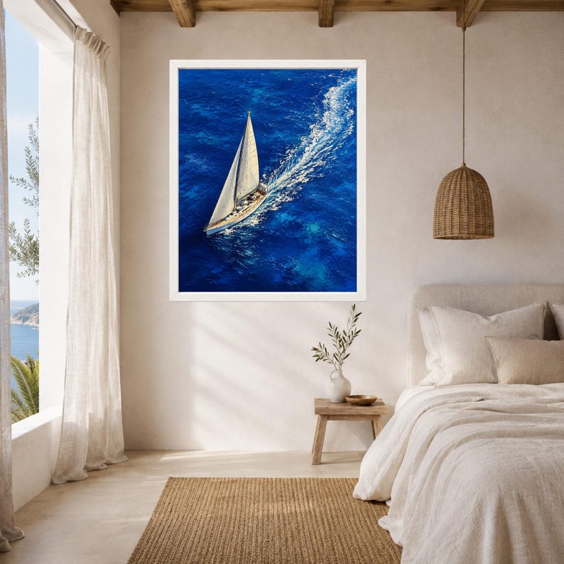 May include: A framed wall art print featuring an aerial view of a white sailboat gliding across deep blue ocean water, creating a white wake behind it. The sailboat has a single tall mast and a triangular sail, captured from a high angle.