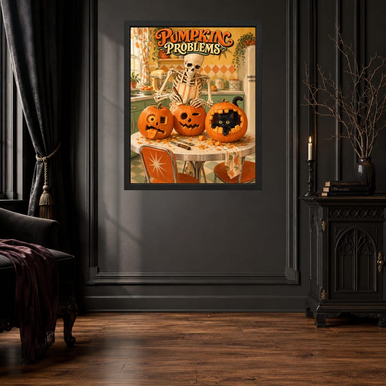 May include: A framed wall art print titled Pumpkin Problems featuring a skeleton wearing an apron in a kitchen, carving three orange pumpkins on a round table. One pumpkin contains a black cat, while another has a carved face with a tongue.