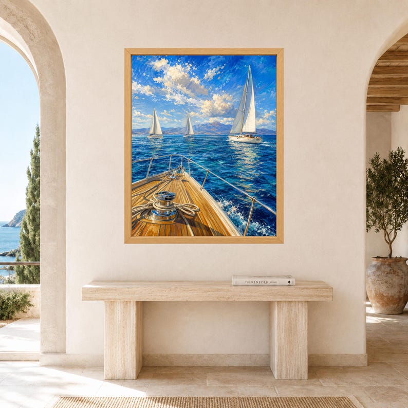 May include: A framed wall art print depicting a view from the wooden deck of a sailboat looking out over a deep blue sea. Three white sailboats with sails raised are visible on the horizon under a bright blue sky with scattered white clouds.