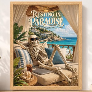 Resting in Paradise Skeleton Poster, Funny Beach Vacation Art (Digital Download) imagen 2