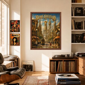 May include: A framed wall art print titled Brass Boulevard featuring a surreal cityscape with golden brass instruments integrated into architecture, a streetcar, and pedestrians, displayed in a room with other music-themed posters.