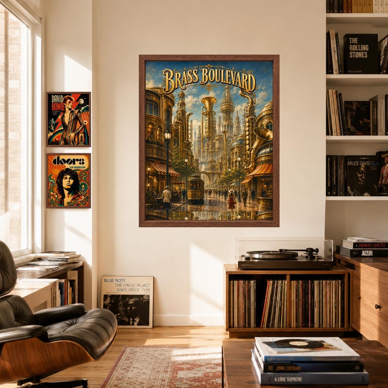 May include: A framed wall art print titled Brass Boulevard featuring a surreal cityscape with golden brass instruments integrated into architecture, a streetcar, and pedestrians, displayed in a room with other music-themed posters.