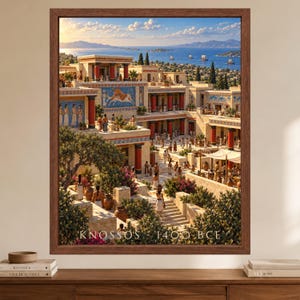 May include: A framed wall art print depicting the ancient palace of Knossos with stone architecture, red columns, blue frescoes, and figures in a courtyard. The scene overlooks a sea with ships under a bright sky, with the text KNOSSOS 1400 BCE.