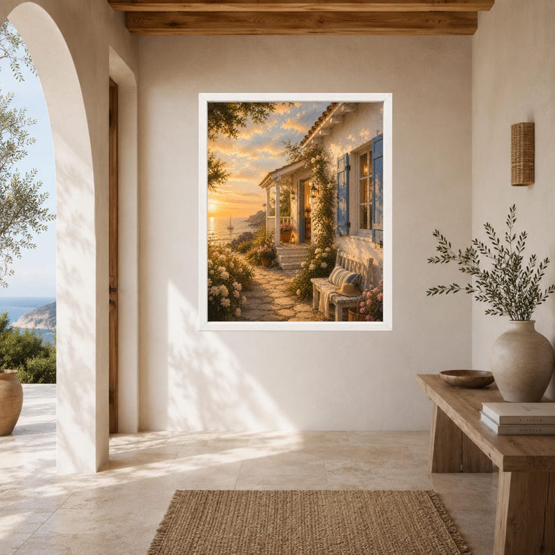 May include: A framed wall art print depicting a coastal cottage at sunset. The scene features a stone path leading to a porch with blue shutters, climbing vines, and a bench. The warm golden light illuminates the sea and a distant sailboat.