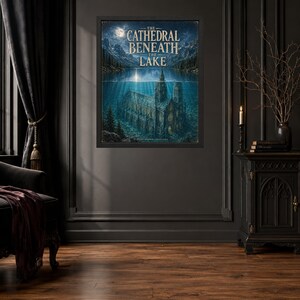 May include: A framed wall art print titled The Cathedral Beneath The Lake, featuring a dark blue underwater scene of a gothic cathedral submerged in a lake, with mountains in the background, a full moon, and the text The Cathedral Beneath The Lake.