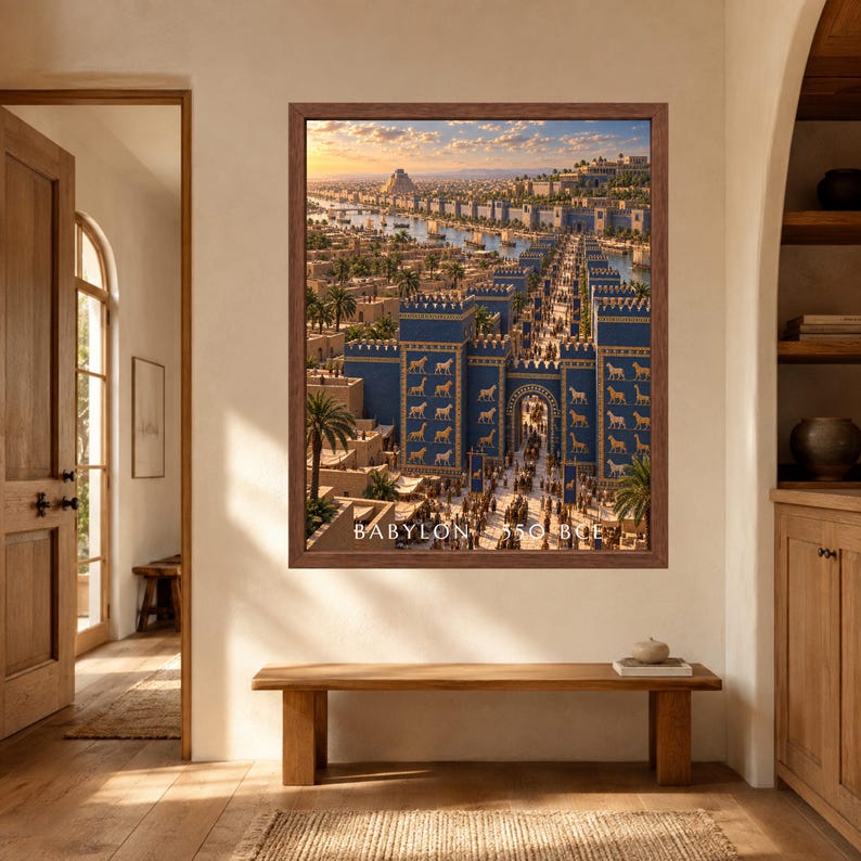 May include: A framed wall art print depicting the ancient city of Babylon with its iconic blue Ishtar Gate adorned with golden animal reliefs, a bustling street scene, and a river in the background, featuring the text BABYLON 550 BCE.