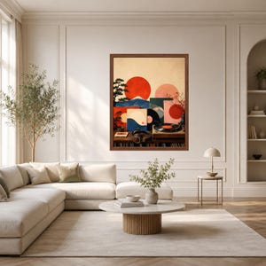 May include: A framed wall art print featuring a stylized landscape with a large red sun, a blue mountain peak, and a vinyl record player setup. The composition includes abstract geometric shapes, a bonsai tree, and headphones on a wooden surface.