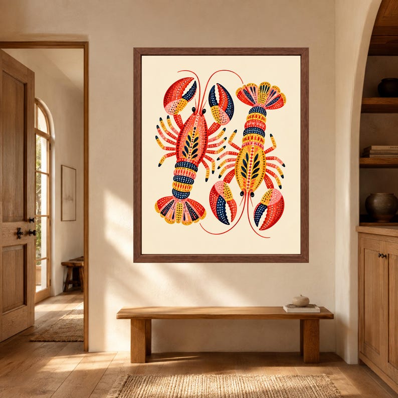 Folk Art Lobster Print, Coastal Kitchen Decor, Nautical Seafood Poster (Digital Download) image 8