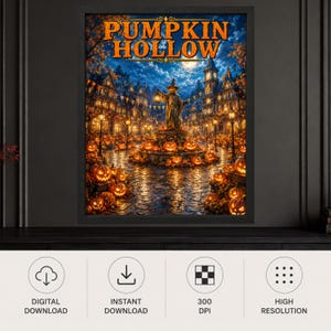 May include: A framed digital art print titled PUMPKIN HOLLOW featuring a night scene of a town square filled with glowing jack-o'-lanterns, a central scarecrow figure, and old-fashioned buildings under a full moon and starry blue sky.