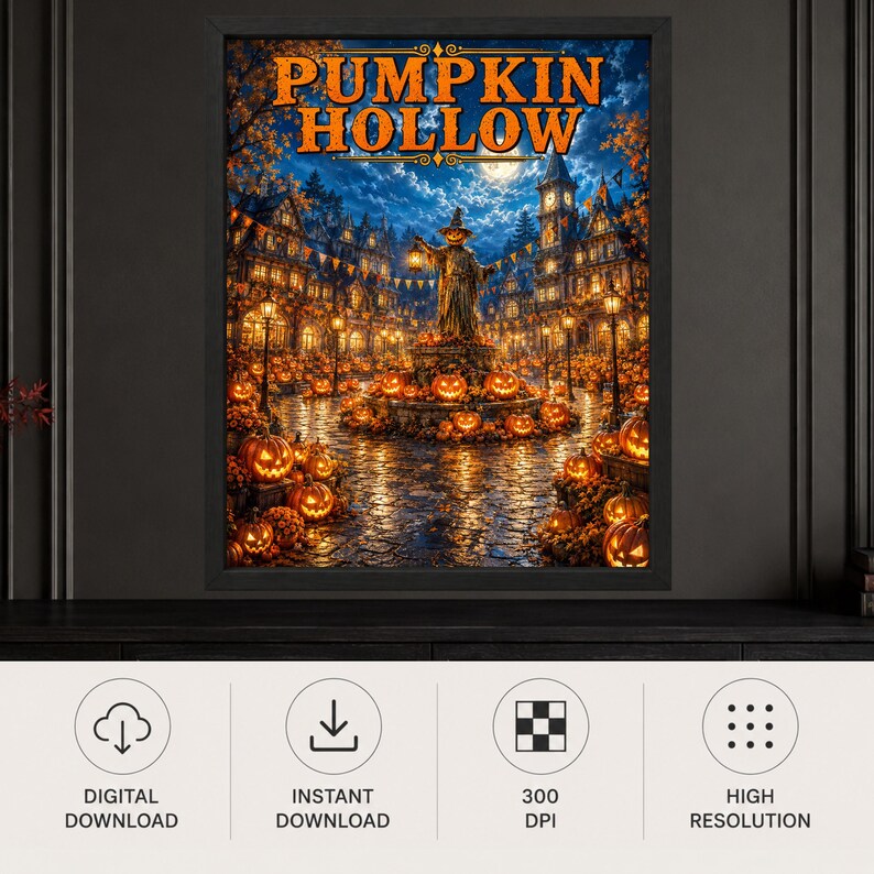 May include: A framed digital art print titled PUMPKIN HOLLOW featuring a night scene of a town square filled with glowing jack-o'-lanterns, a central scarecrow figure, and old-fashioned buildings under a full moon and starry blue sky.