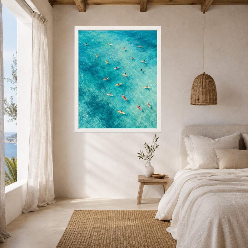 Aerial Turquoise Ocean Surfers Print, Coastal Surfboard Art (Digital Download) image 5