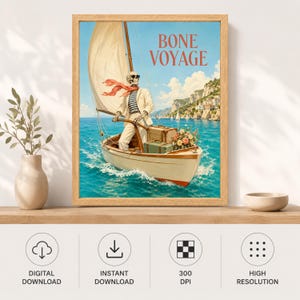May include: A framed wall art print titled BONE VOYAGE featuring a skeleton wearing a beige suit, striped shirt, and red scarf, steering a sailboat on blue water. The boat carries luggage and flowers, with a coastal cliffside in the background.