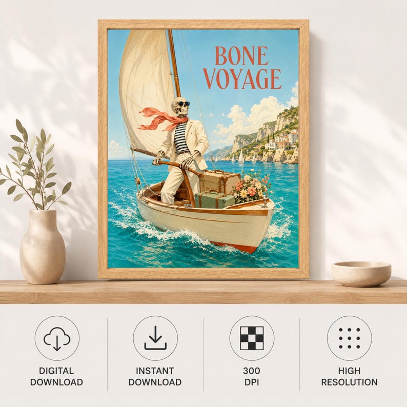 May include: A framed wall art print titled BONE VOYAGE featuring a skeleton wearing a beige suit, striped shirt, and red scarf, steering a sailboat on blue water. The boat carries luggage and flowers, with a coastal cliffside in the background.