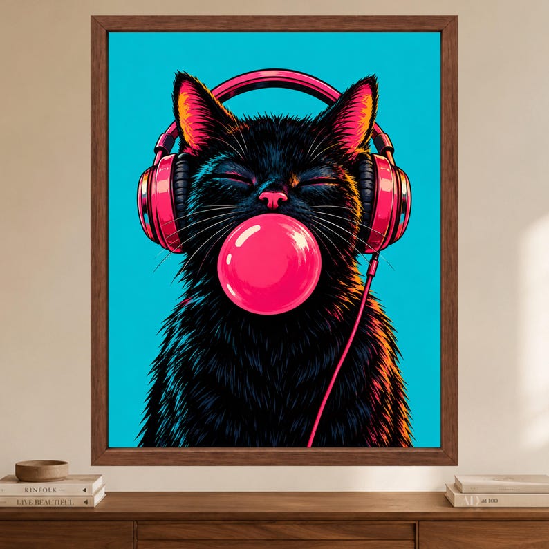 Kopfhörer mit schwarzer Katze im Kaugummi-Design, Pop-Art-Musikzimmer-Dekoration (Digitaler Download) Bild 2