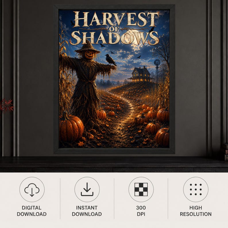K&ouml;nnte beinhalten: Ein gerahmter Wandkunstdruck mit dem Titel Harvest of Shadows, der eine Vogelscheuche in einem K&uuml;rbisfeld bei Nacht zeigt. Die Szene umfasst einen leuchtenden Vollmond, ein dunkles Haus auf einem H&uuml;gel, eine Windm&uuml;hle und schwarze V&ouml;gel.